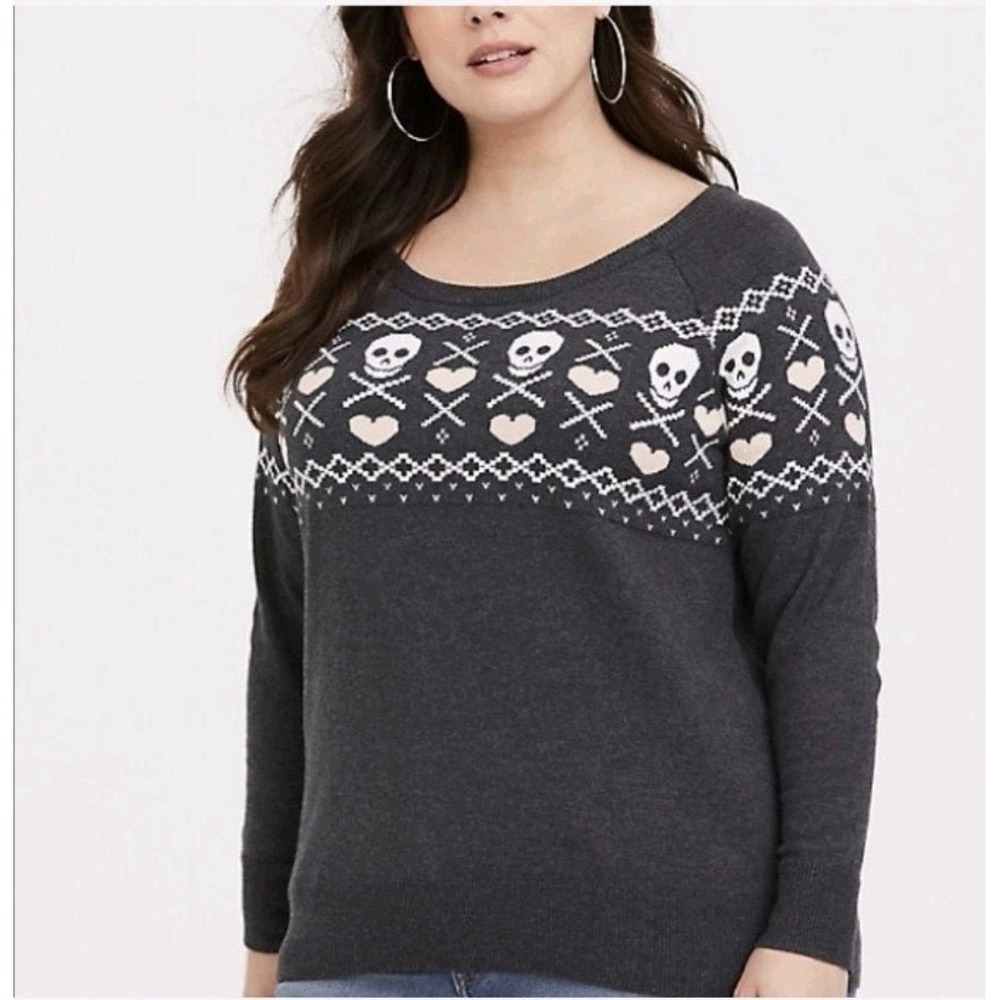 Torrid Gray Pullover Sweater Women 2X Skull Heart Fair Isle Knit 100% Cotton